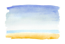 Horizontal Beach View Painted In Watercolor On White Isolated Background With Faded Blue And Yellow. Hand Made Watercolor Shabby Texture Representing Sea, Beach, Sand, Summer Artistic Painting. 