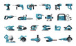 Big flat icon collection of power electric hand tools. Set of master tools for wood, metal, plastic, stone.