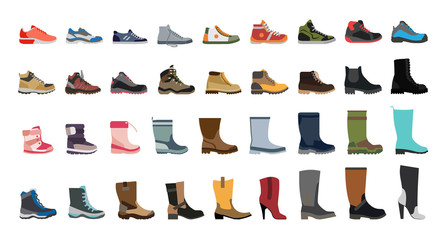 big flat icon collection of men's, women's and children's footwear. stylish and fashionable shoes, s