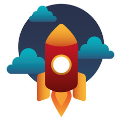 Sticker - start up rocket with sky and cloud isolated icon vector illustration design