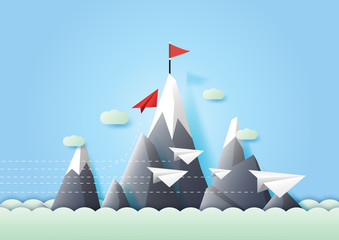 Wall Mural - business teamwork and leadership concept with red paper plane change direction to the red flag.paper