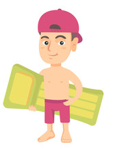 Sticker - Little happy caucasian boy in shorts holding green inflatable mattress. Smiling boy with inflatable mattress for swimming. Vector sketch cartoon illustration isolated on white background.