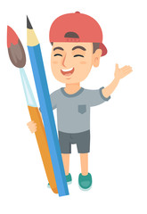 Sticker - Smiling caucasian boy holding big pencil and paintbrush. Full length of happy laughing boy with huge pencil and paintbrush. Vector sketch cartoon illustration isolated on white background.