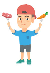 Sticker - Caucasian boy holding forks with organic carrot and steak. Full length of little boy with carrot and meat steak in hands. Vector sketch cartoon illustration isolated on white background.