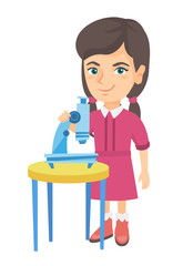 Sticker - Happy little caucasian schoolgirl conducting experiment with a microscope. Smiling schoolgirl standing near a microscope. Vector sketch cartoon illustration isolated on white background.