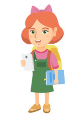 Canvas Print - Caucasian smiling schoolgirl with backpack using a cellphone. Little schoolgirl holding cellphone and textbook in hands. Vector sketch cartoon illustration isolated on white background.