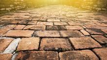 Old Dirty Red Brick Pavement Of Ancient City, Pattern Background In Perspective View