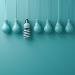 Aufkleber - One hanging eco energy saving light bulb standing out from unlit incandescent light bulbs on green pastel color background , leadership and different creative idea concepts . 3D rendering.