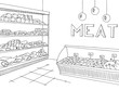 Meat store graphic shop interior black white sketch illustration vector