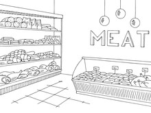Meat Store Graphic Shop Interior Black White Sketch Illustration Vector