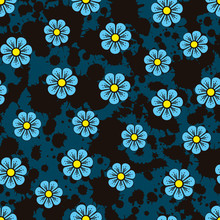 Flower Pattern. Small Blue Flowers On A Ink Background. Use On Wallpaper, Fabric And Textures