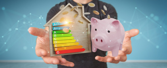 Wall Mural - businessman saving money with good energy chart rating 3d rendering