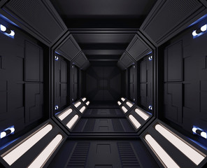 Wall Mural - 3d rendering spaceship dark interior with view,tunnel,corridor small lights