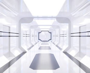 Wall Mural - 3d rendering spaceship white and bright interior with view,tunnel,corridor
