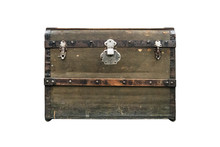 Old Treasure Chest Isolated On White Background. Vintage Vintage Dark Green Box