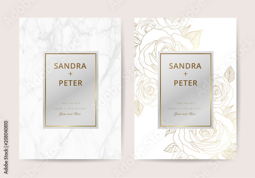Luxury Wedding Invitation Cards With Gold Marble Texture And Rose