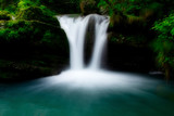 Fototapeta Krajobraz - Small waterfall of fresh water ends a well in the forest