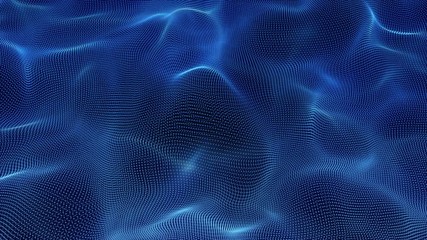 Wall Mural - abstract loopable blue cg motion waving dots texture with glowing defocused particles. cyber or tech