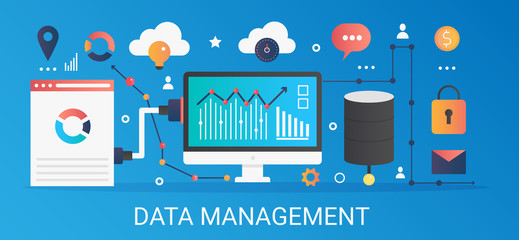 Aufkleber - Modern vector flat gradient Data management concept template banner with icons and text.