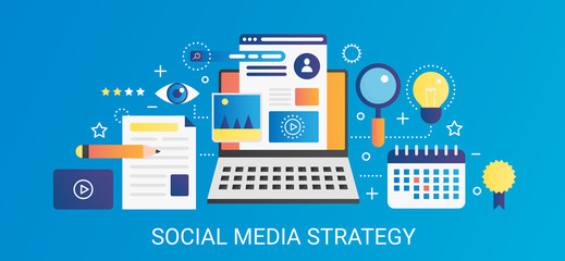 Poster - Modern vector flat gradient Social media strategy concept template banner with icons and text.