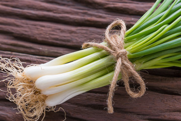 Spring onions also known as salad onions, green onions or scallions on wood background