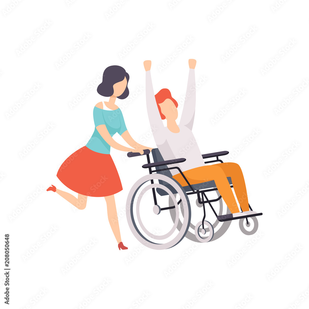 Young woman running and pushing wheelchair with happy disabled man, girl  supporting her friend, handicapped person enjoying full life vector  Illustration on a white background Stock Vector | Adobe Stock, image size:1000x1000