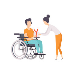 Wall Mural - Young woman giving a present to man in wheelchair, disabled person enjoying full life vector Illustration on a white background