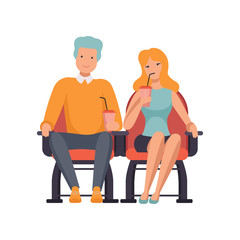 Canvas Print - Couple watching movie in cinema theater and drinking soda drink vector Illustration isolated on a white background