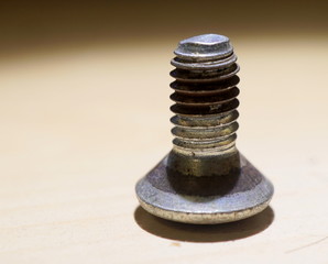 Mocro view of vertical standing screw on white surface at night.