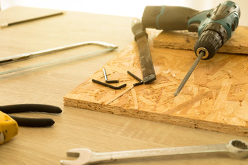 Carpenter's working tools on a tools table.