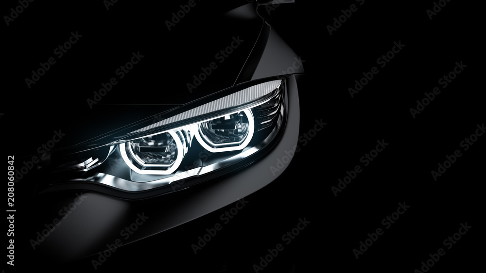 headlights of black sports car on black background, photorealistic 3d render, generic design, non-branded - obrazy, fototapety, plakaty 