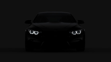 silhouette of black sports car with headlights on black background, photorealistic 3d render, generic design, non-branded