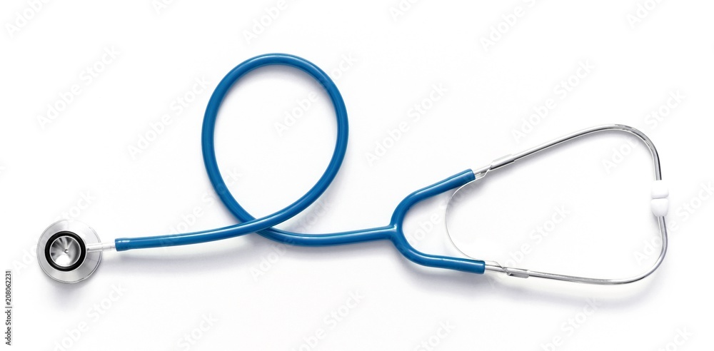 Blue stethoscope isolated on white background. Flat lay, top view, copy space  - obrazy, fototapety, plakaty 