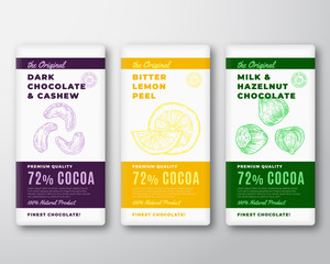 Wall Mural - The Original Finest Chocolate Abstract Vector Packaging Design Label. Modern Typography and Hand Drawn Cashew and Hazelnut Nuts with Bitter Lemon Sketch Silhouette Background Layout.