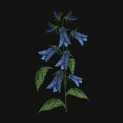 Wall Mural - Bellflower embroidered with blue and green threads on black background. Gorgeous embroidery design with wild blooming flower or meadow flowering herb. Handiwork or handicraft. Vector illustration.