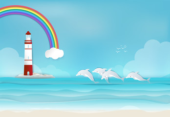 Wall Mural - Lighthouse with Dolphin in the sea and rainbow background paper art style