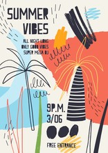 Colorful Invitation Or Poster Template Decorated With Tropical Palm Trees, Paint Stains, Blots And Scribble For Summer Open Air Dance Party. Vector Illustration For Summertime Event Advertising.