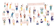 Crowd Of Protesting People Holding Banners And Placards. Men And Women Taking Part In Political Meeting, Parade Or Rally. Group Of Male And Female Protesters Or Activists. Vector Illustration.