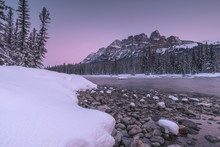Sunrise And Snowy Landscape During Winter At Bow River And Castle Mountain In Banff National Park, Alberta, The Rockies, Canada