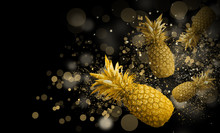 Abstract Background With Pineapple. Black Bokeh Background, Golden Pineapple