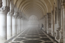 Misty View Of Pillars With Lone Woman Sitting, Doge's Palace, St. Mark's Square, Venice, Veneto