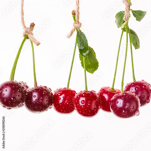 Fotografía cherry, hang, rope, isolate, ripe berries, banner