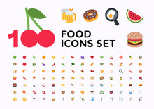 Food And Beverages, Fruits, Vegetables, Fast Foods, Cakes, Restaurant, Cafe Vector Illustration Flat Icons, Symbols, Emoticons, Emojis, Stickers Set, Collection