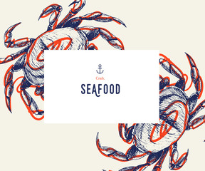 Seafood banner set. Hand drawn crab. Vector restaurant menu. Marine food banner, flyer design. Engraved isolated art. Delicious cuisine objects. Use for promotion, market, store banner.