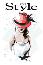 Hand Drawn Beautiful Young Woman In Red Hat. Fashion Woman With Curly Hair. Stylish Lady. Sketch.