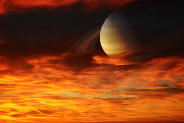 Wall Mural - Saturn back sunset hot red orange cloud ,concept Saturn near Earth