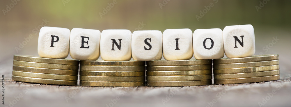Web banner of pension savings plan concept - money coins with letters - obrazy, fototapety, plakaty 