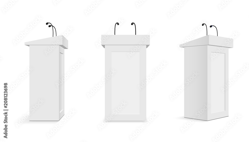 Creative vector illustration of podium tribune with microphones isolated on transparent background. Art design rostrum stands. Abstract concept graphic element for business presentation, conference - obrazy, fototapety, plakaty 