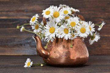 Mothers Day flowers. Daisy flowers in a vintage tea pot on wooden background