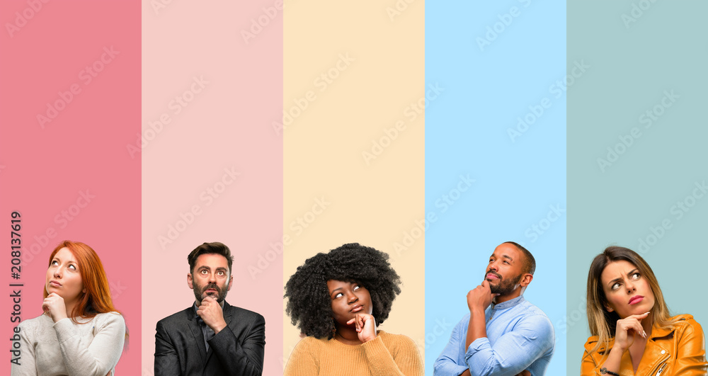 Cool group of people, woman and man thinking and looking up expressing doubt and wonder - obrazy, fototapety, plakaty 